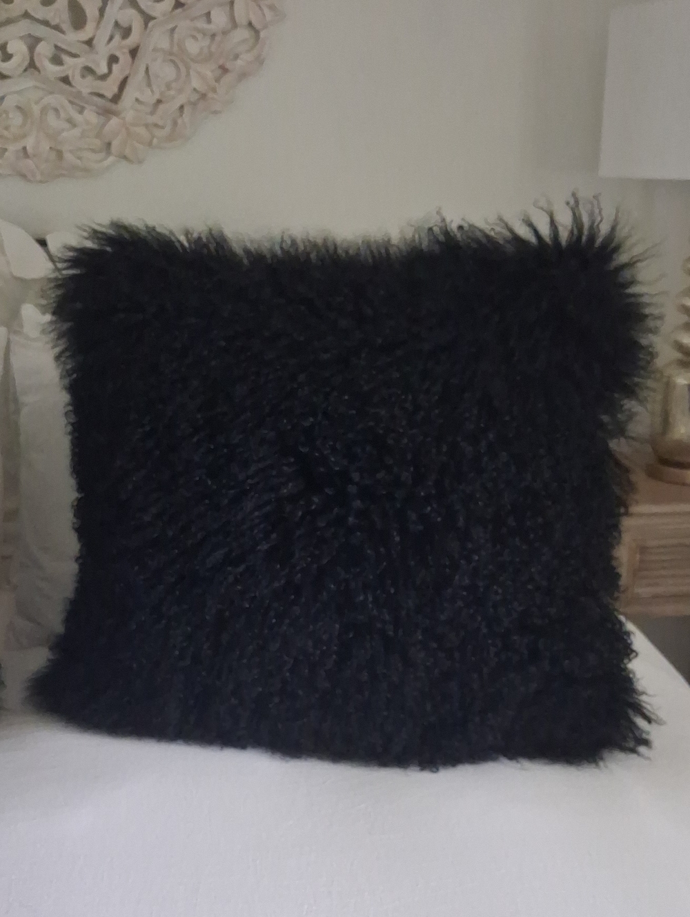 Z Gallerie Black Mongolian Sheepskin Fur Throw Pillow 22x22 Feather Stuffed